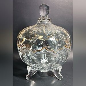 8inch Vintage Footed Candy Dish w Lid Pressed Cut Glass Bomboniere Trinket Box